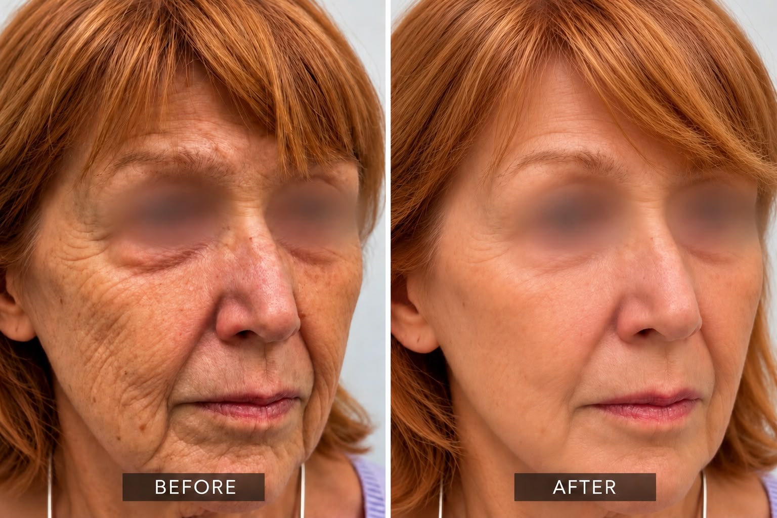 A woman in three-quarter view, eyes obscured, before and fourteen weeks after facial fat grafting
